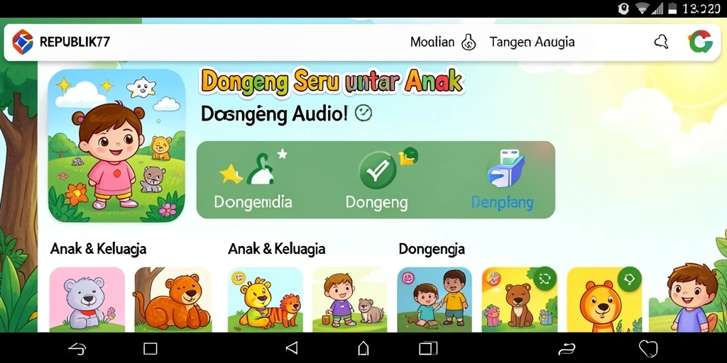 Antarmuka sederhana dan menarik dari REPUBLIK77 untuk dongeng audio.
